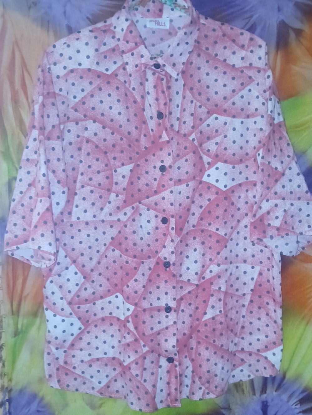 Vintage 80s Jodi Hills Polka Dot Geometic Print Short Sleeve  Button-Down Shirt